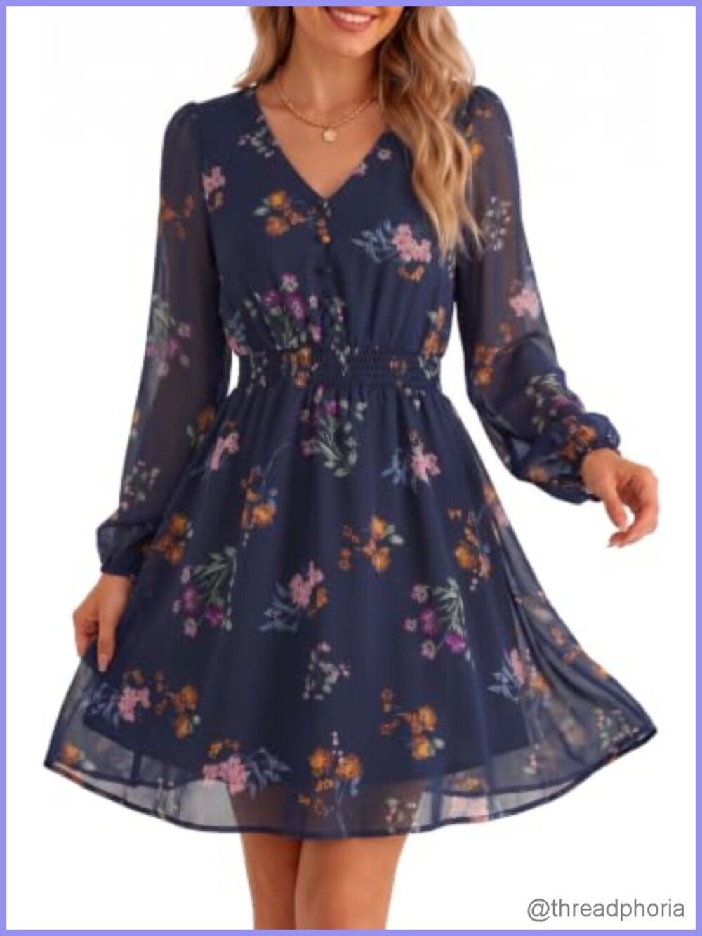 Floral Mini Dress V Neck Long Sleeve Chiffon Flowy A-Line Boho